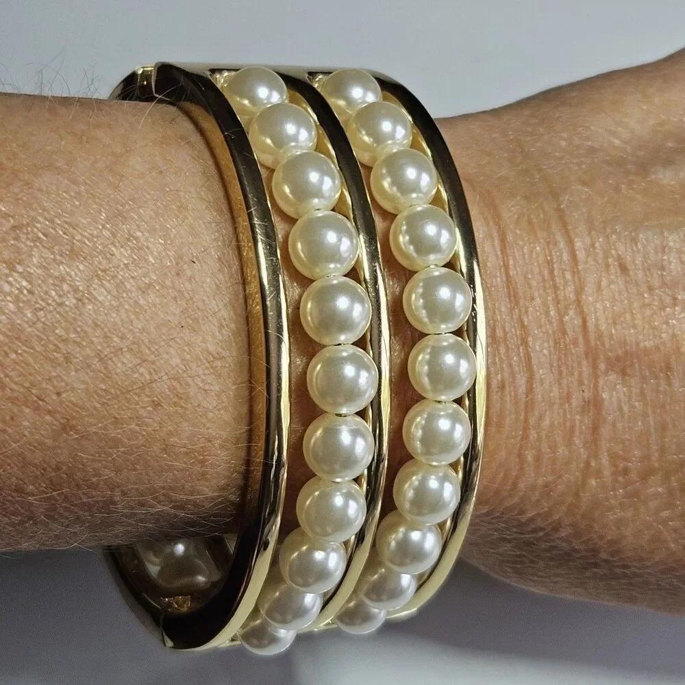 Gold Tone Cream Faux Pearl Double Layer Hinged Bangle Bracelet Approx 6.75